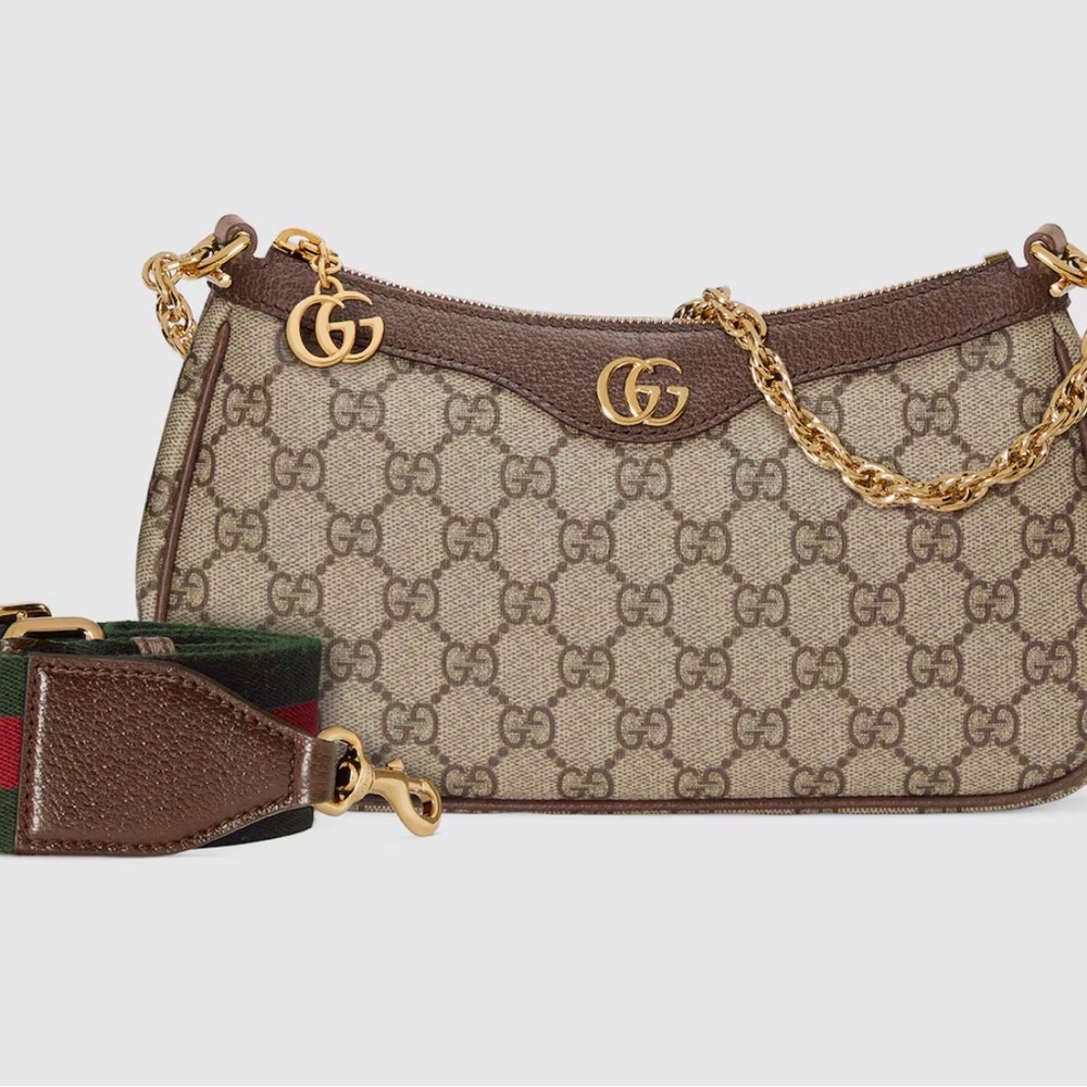 Gucci Beige Brown GG Canvas Shoulder Bag with Gold Hardware